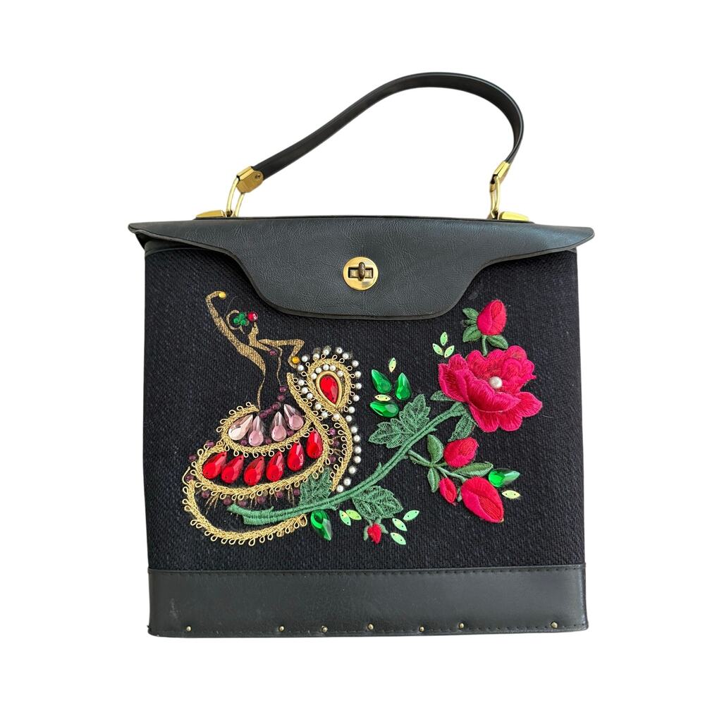 Vintage Embellished Top Handle Rhinestone Flamenco Dancer Embroidered Rose Purse